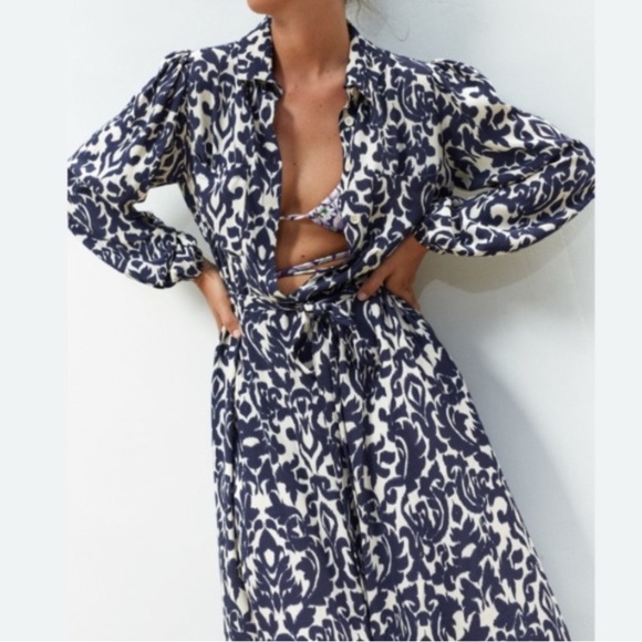 Zara Emilie Vicose Printed Damask Belted Midi Dress Size Large Blue Cream - Picture 4 of 14
